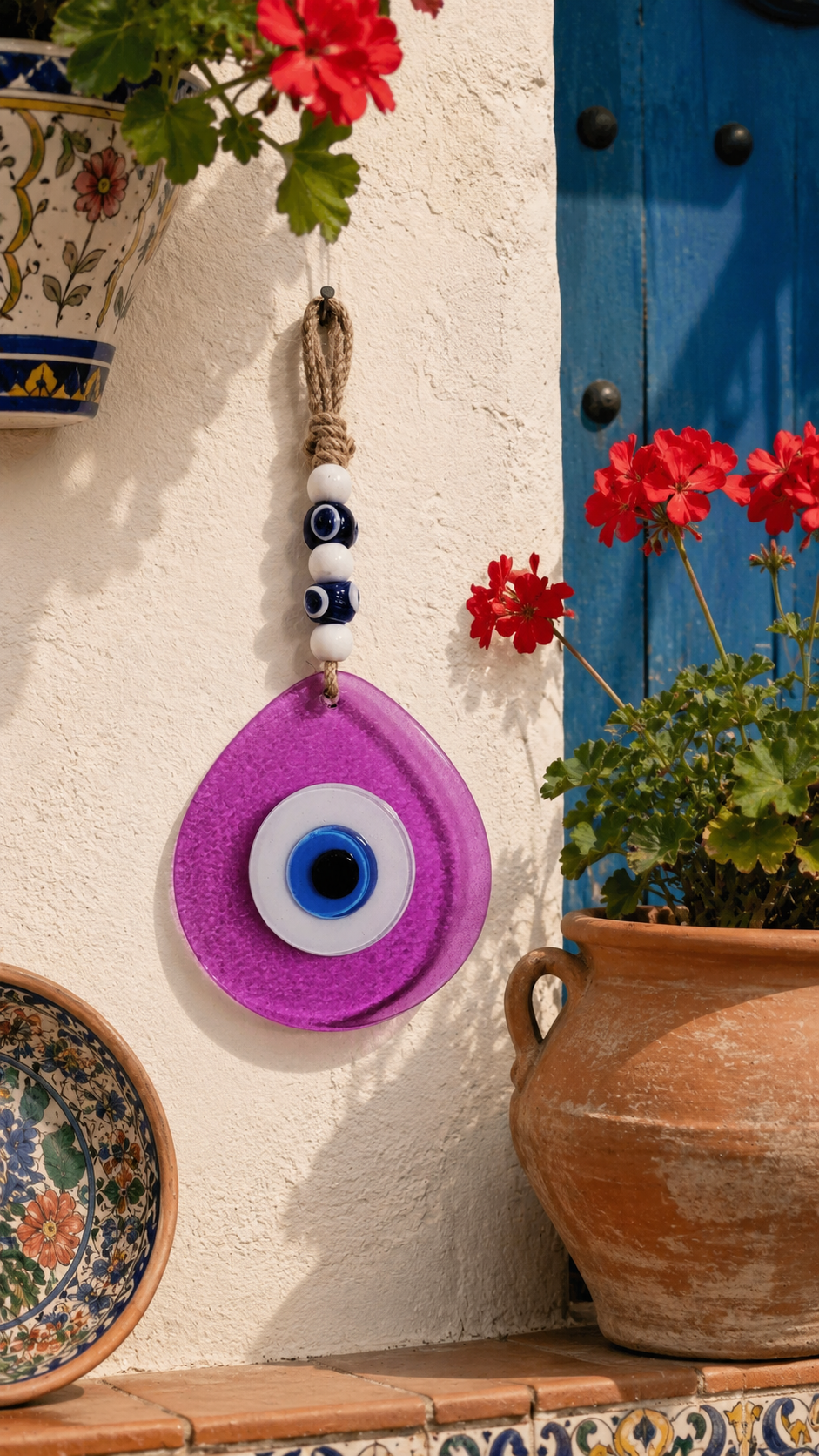 Jumbo Size Pink Hand Blown Glass Evil Eye Wall Hanging with Beads