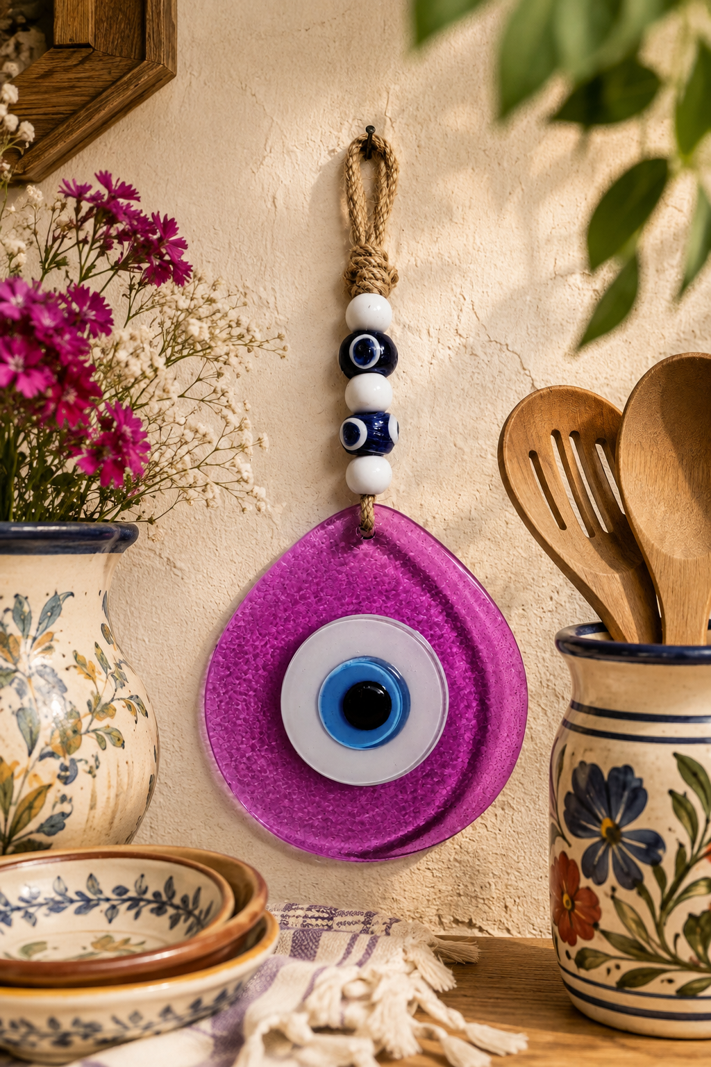 Jumbo Size Pink Hand Blown Glass Evil Eye Wall Hanging with Beads