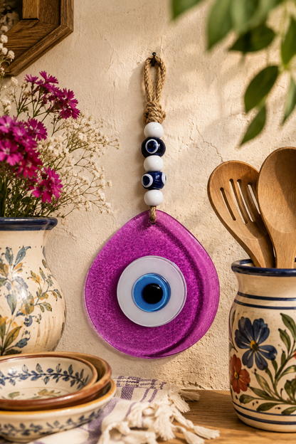 Jumbo Size Pink Hand Blown Glass Evil Eye Wall Hanging with Beads