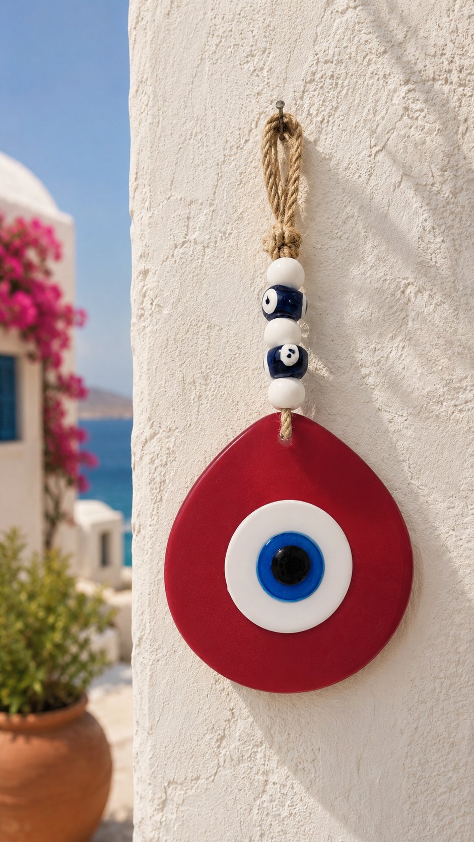 Jumbo Size Pink Hand Blown Glass Evil Eye Wall Hanging with Beads