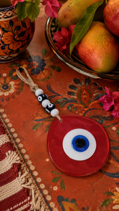 Jumbo Size Pink Hand Blown Glass Evil Eye Wall Hanging with Beads