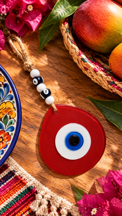 Jumbo Size Pink Hand Blown Glass Evil Eye Wall Hanging with Beads