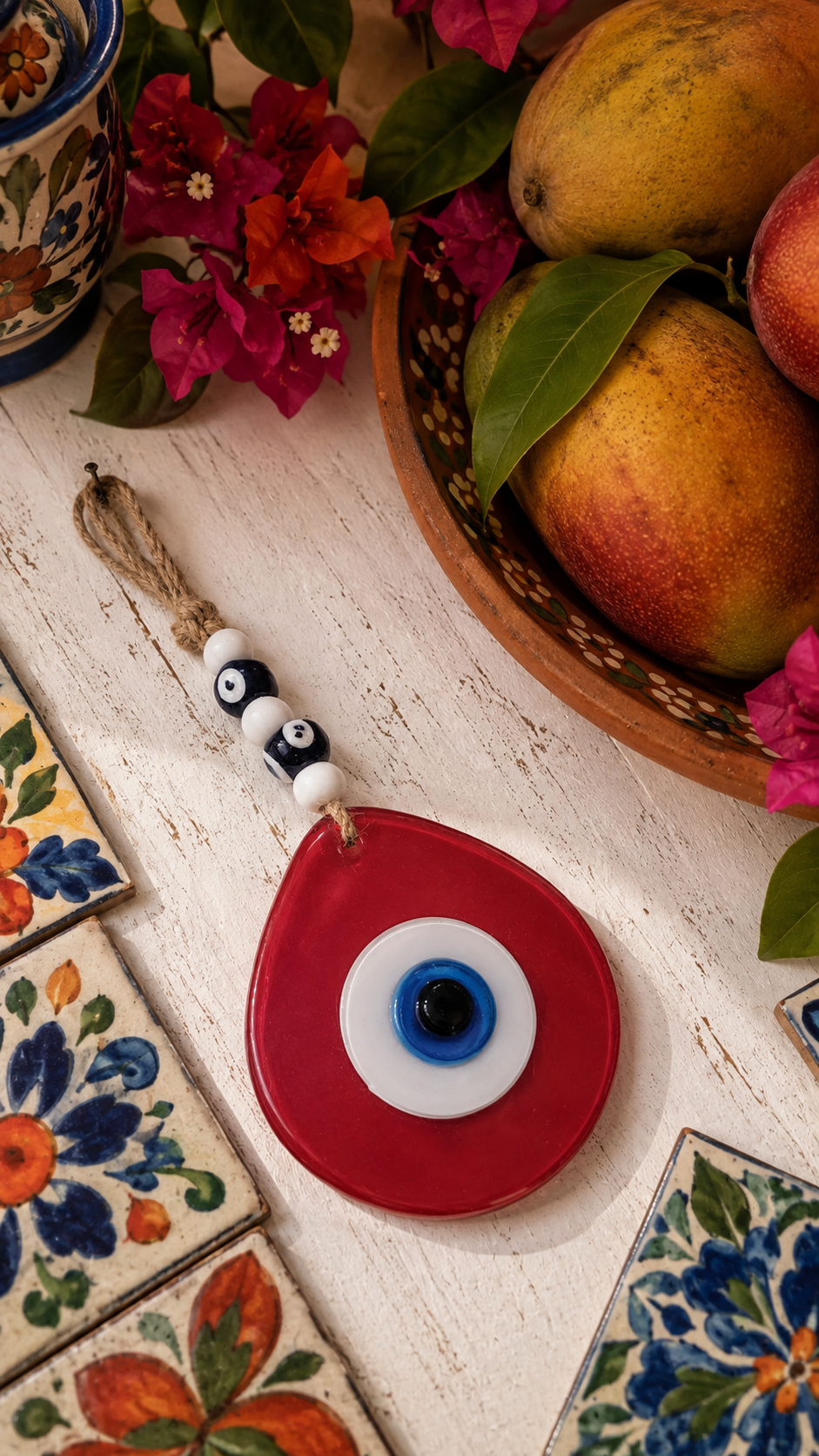 Jumbo Size Pink Hand Blown Glass Evil Eye Wall Hanging with Beads