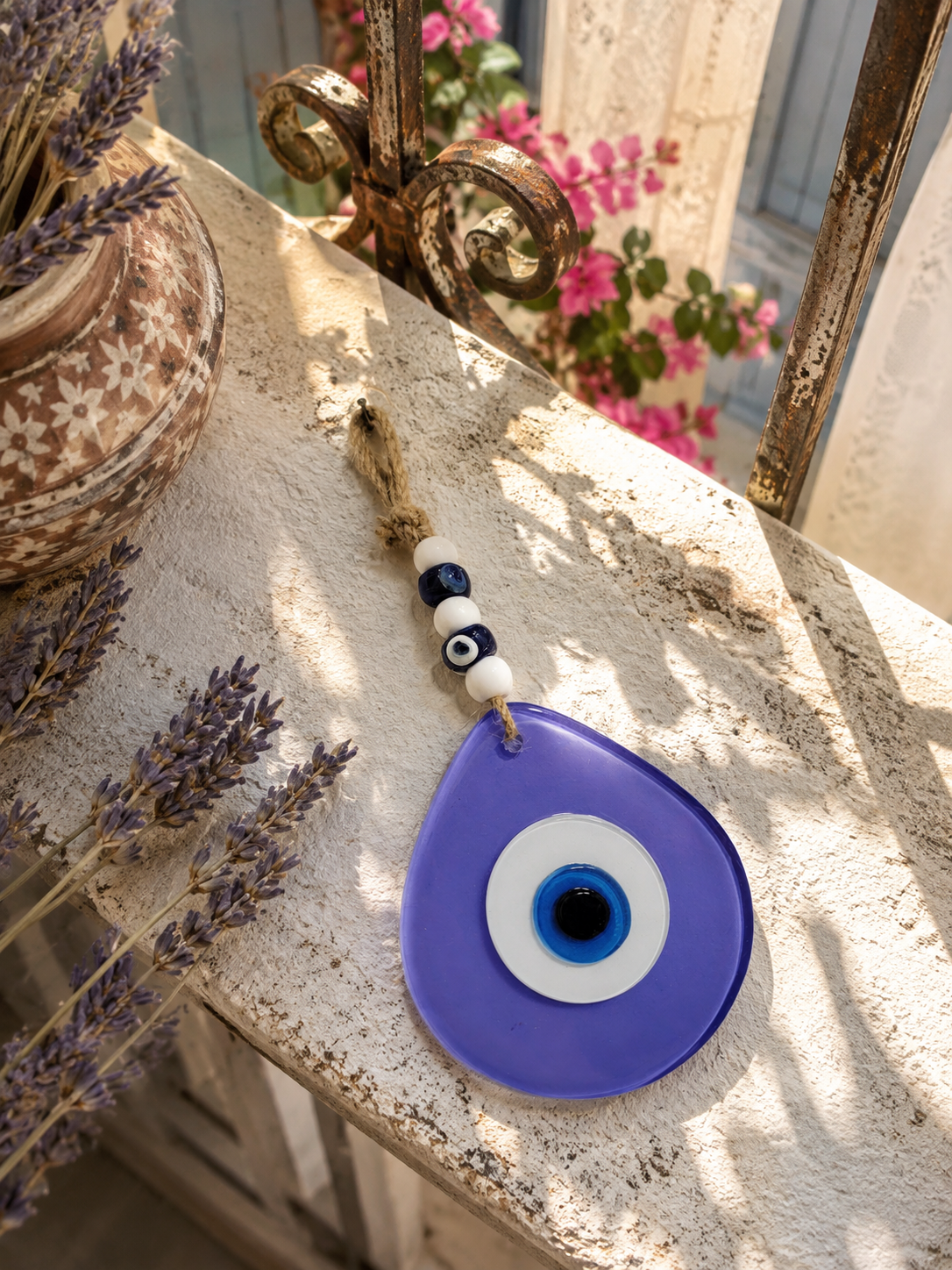 Jumbo Size Hand Blown Glass Evil Eye Wall Hanging with Beads