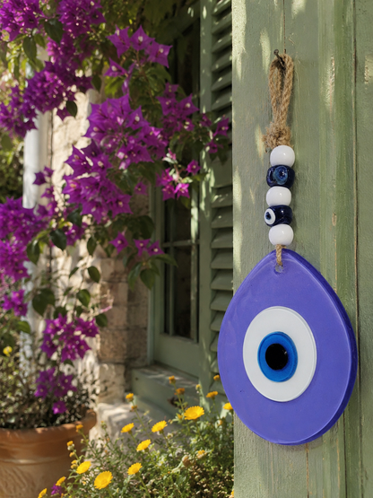 Jumbo Size Hand Blown Glass Evil Eye Wall Hanging with Beads