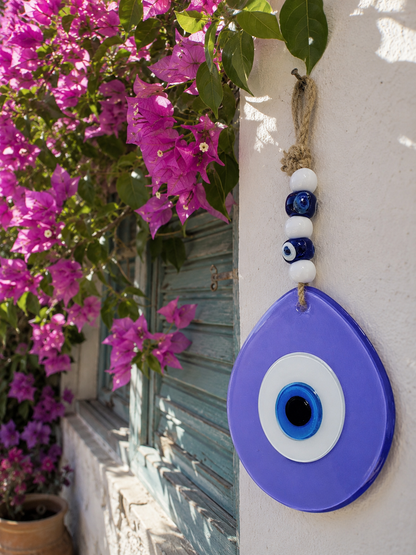 Jumbo Size Hand Blown Glass Evil Eye Wall Hanging with Beads
