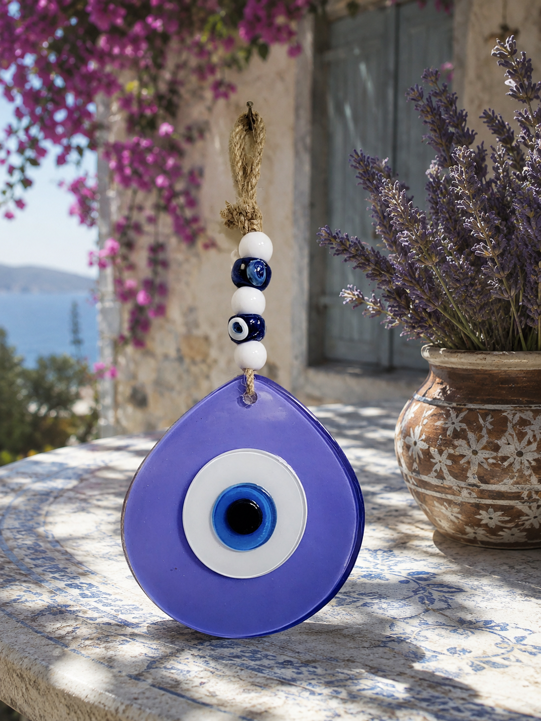 Jumbo Size Hand Blown Glass Evil Eye Wall Hanging with Beads