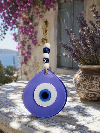 Jumbo Size Hand Blown Glass Evil Eye Wall Hanging with Beads