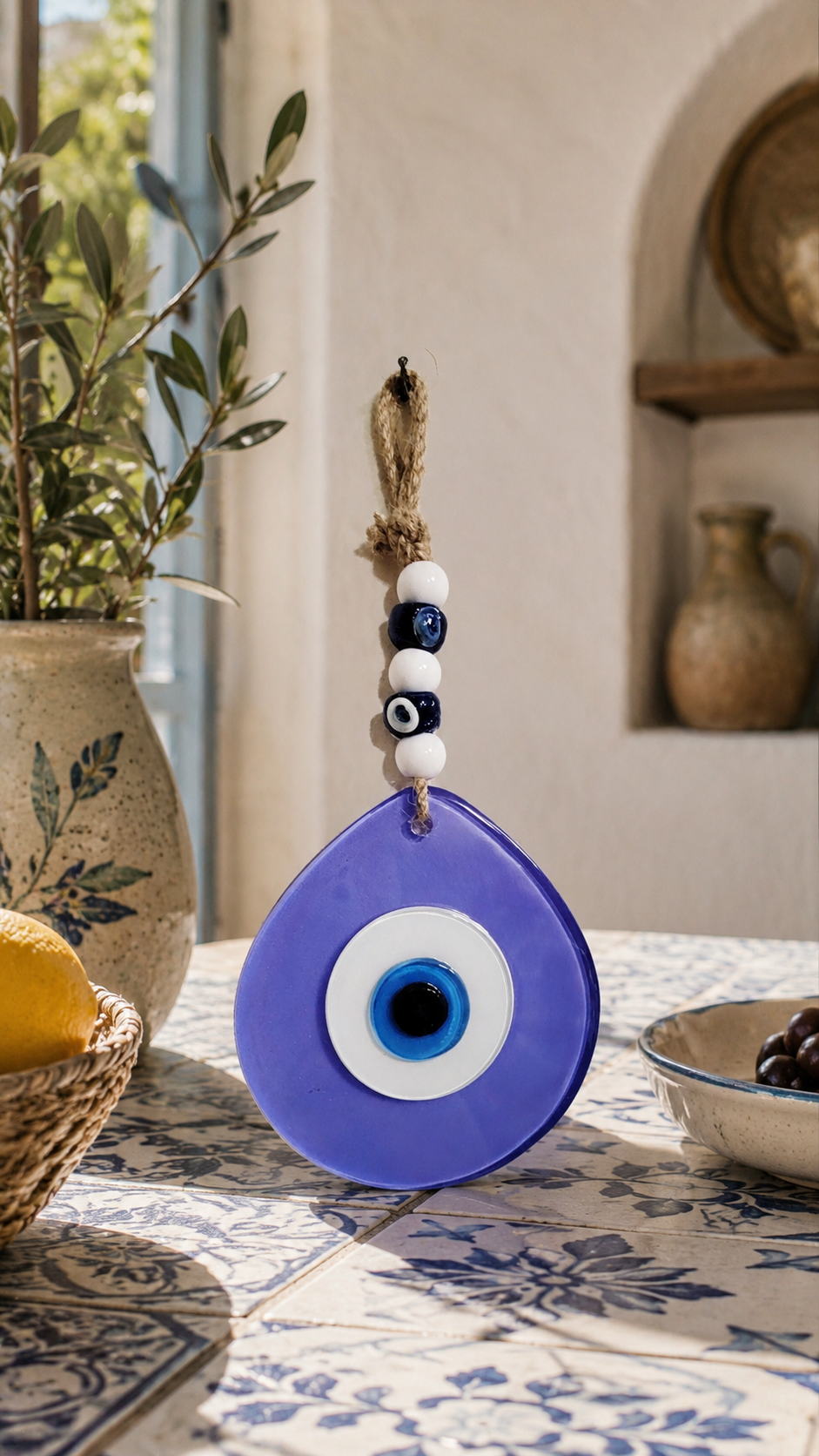 Jumbo Size Hand Blown Glass Evil Eye Wall Hanging with Beads