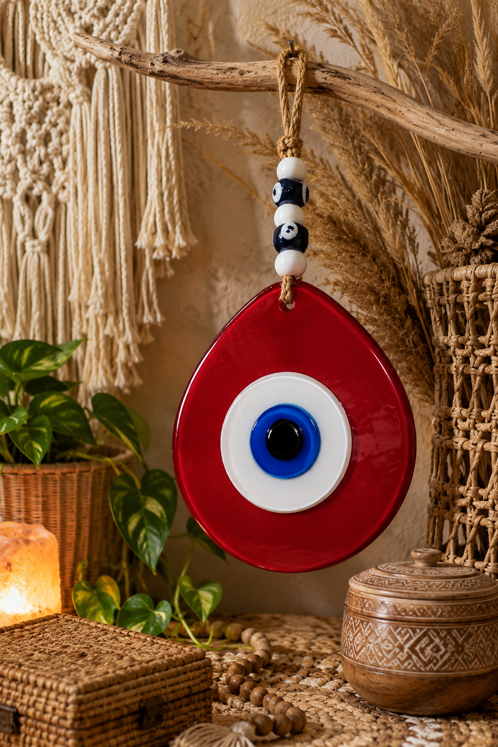 Jumbo Size Pink Hand Blown Glass Evil Eye Wall Hanging with Beads