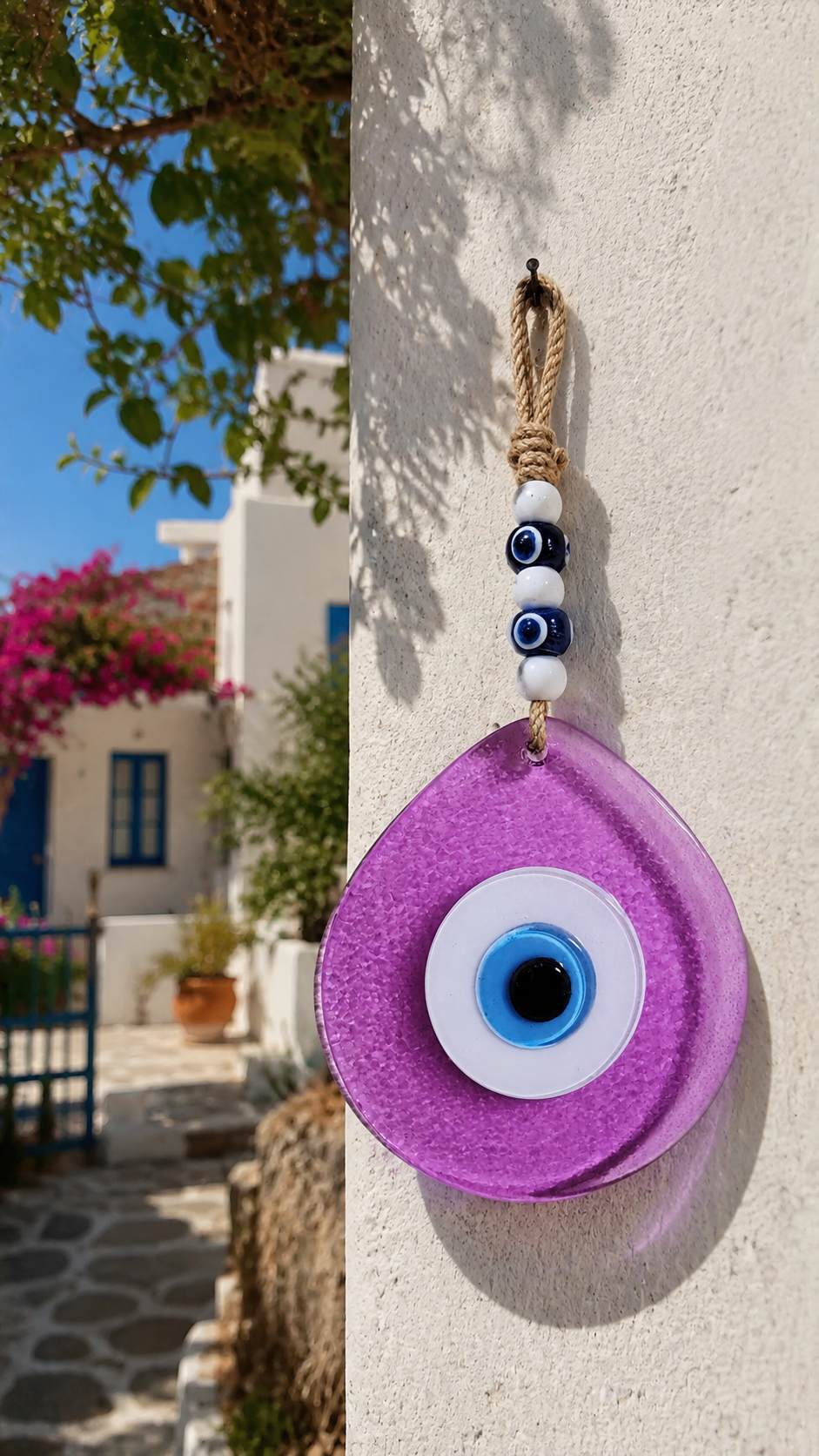 Jumbo Size Pink Hand Blown Glass Evil Eye Wall Hanging with Beads