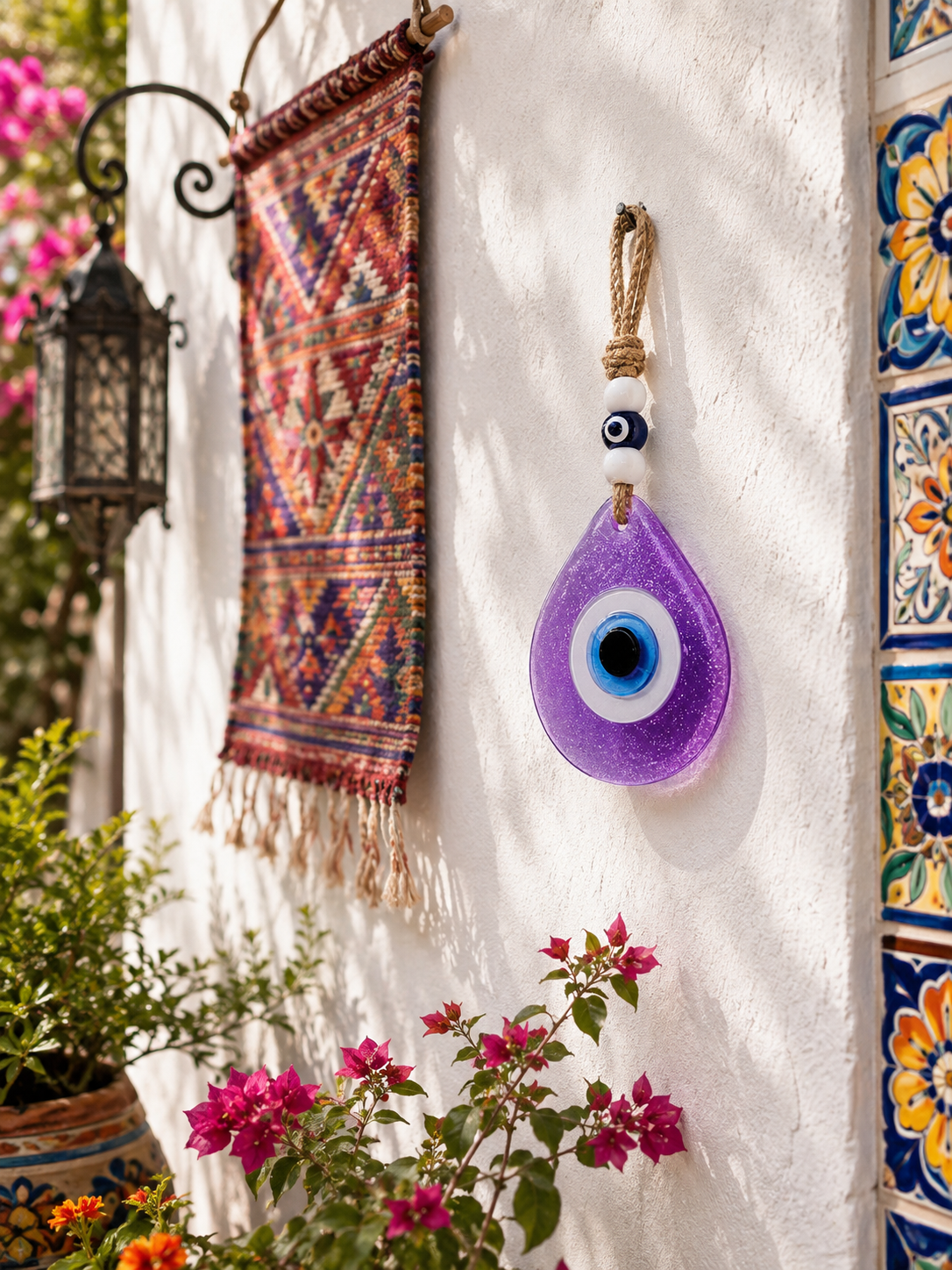 Teardrop Evil Eye Wall Hanging Glass Mediterranean Home Decor Lilac