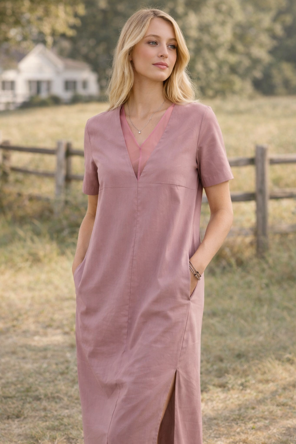 Maxi dress long side slits deep v neck with pockets