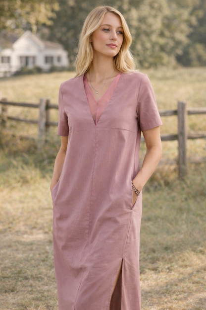 Maxi dress long side slits deep v neck with pockets