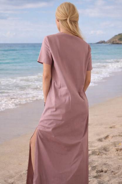 Maxi dress long side slits deep v neck with pockets