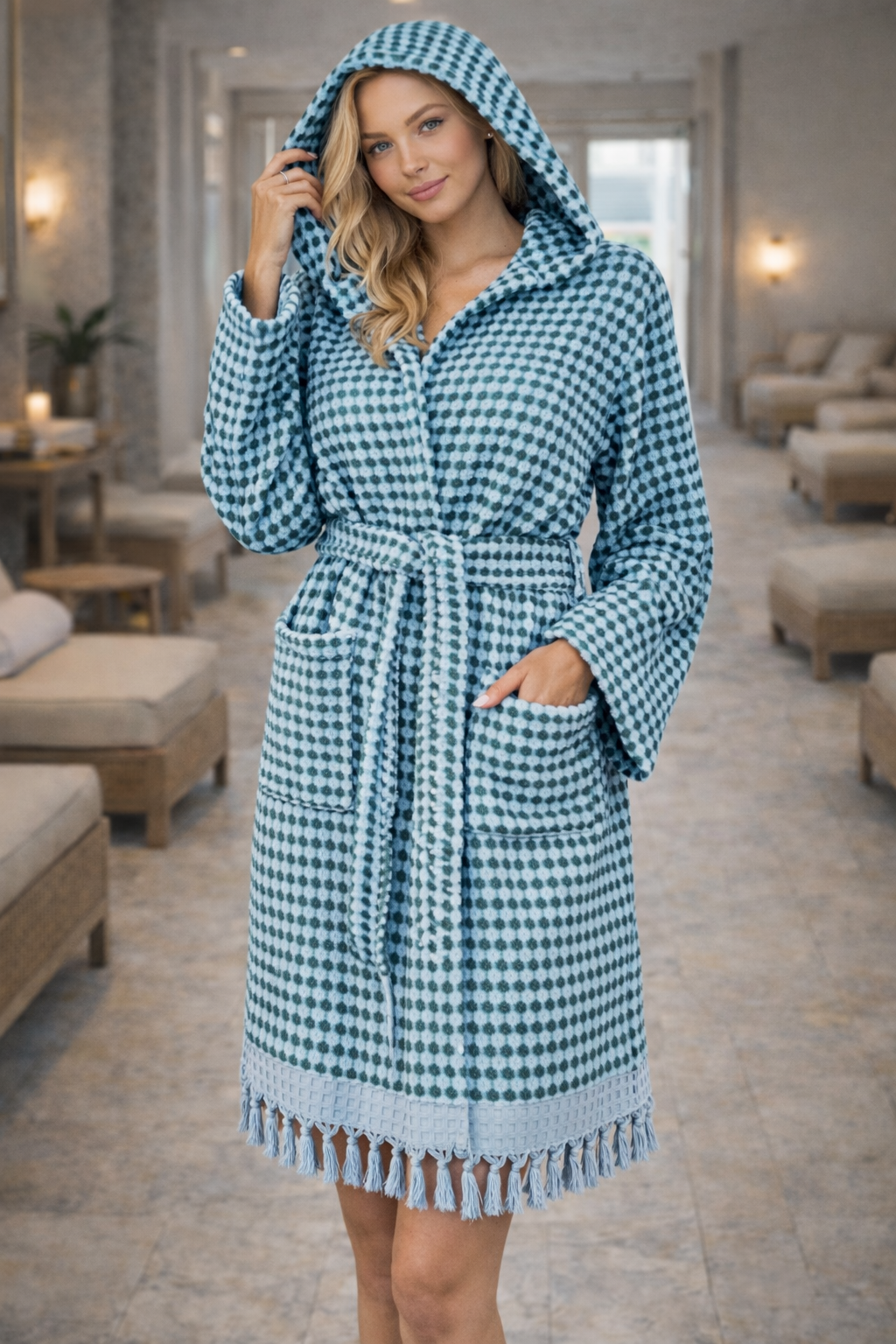 Unisex Robe, Beach Robe, Spa Robe with pockets , Blue Pom Pom Robe