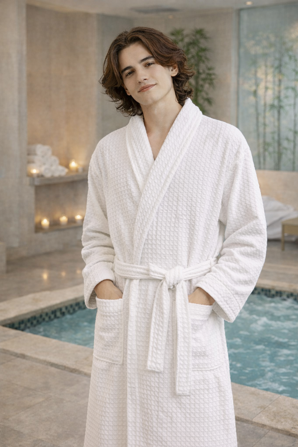 Luxury Cotton Waffle Bathrobe, Unisex Knee Length Spa, Hotel Robe