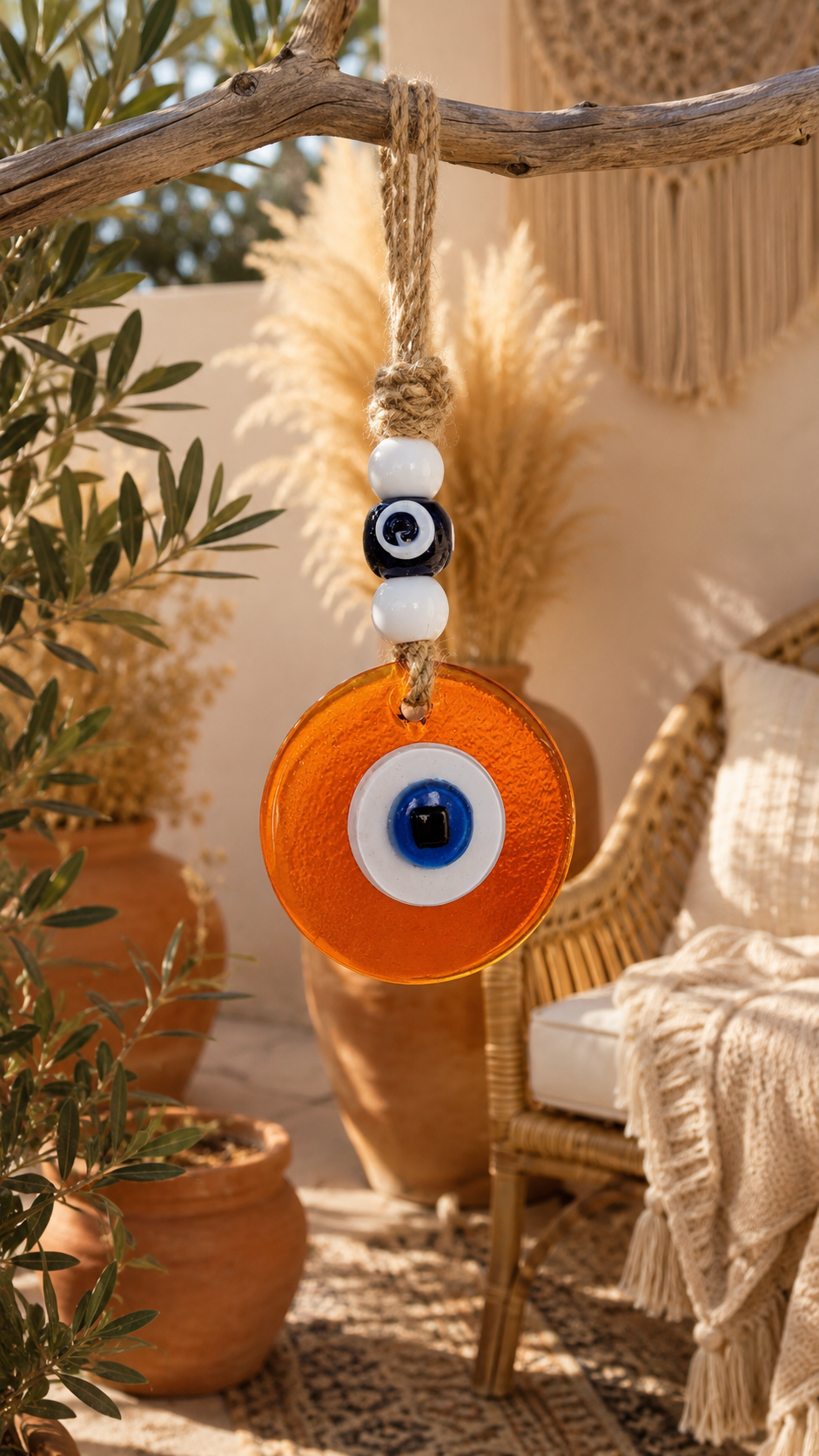 Evil Eye Wall Hanging, Handmade Glass Home Decor, Clear Orange Fusion 7 Inch
