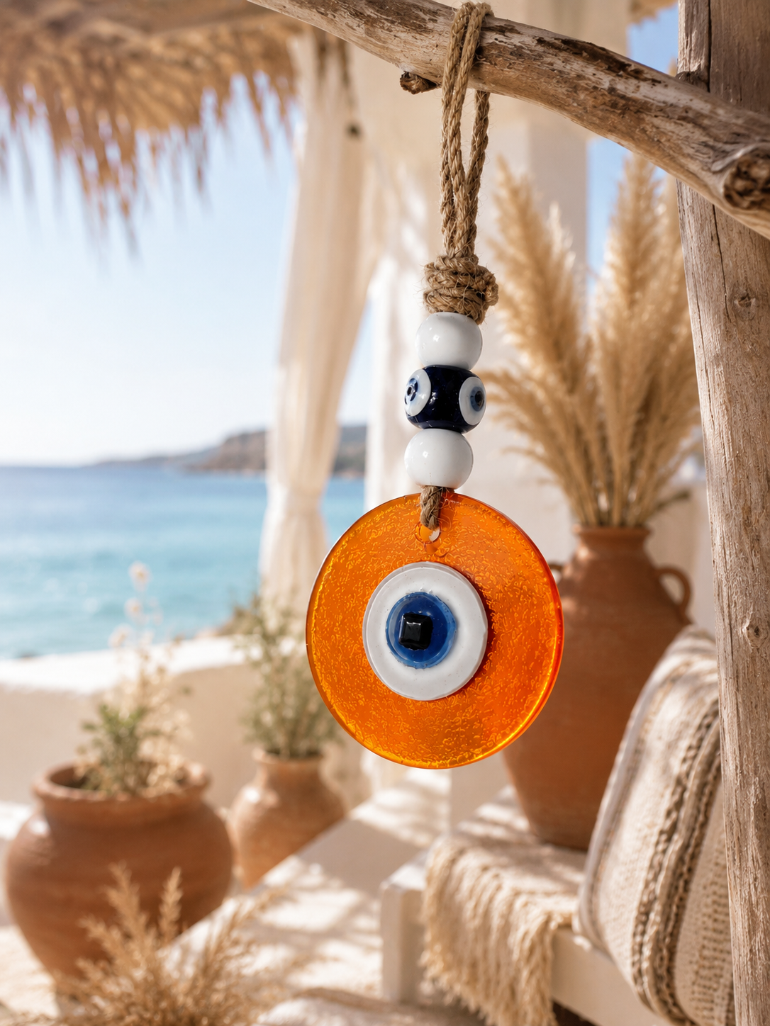 Evil Eye Wall Hanging, Handmade Glass Home Decor, Clear Orange Fusion 7 Inch