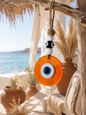 Evil Eye Wall Hanging, Handmade Glass Home Decor, Clear Orange Fusion 7 Inch