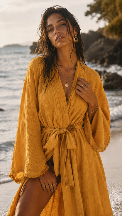 Cotton Muslin Robe, Lightweight Kimono Lounge Robe for Women