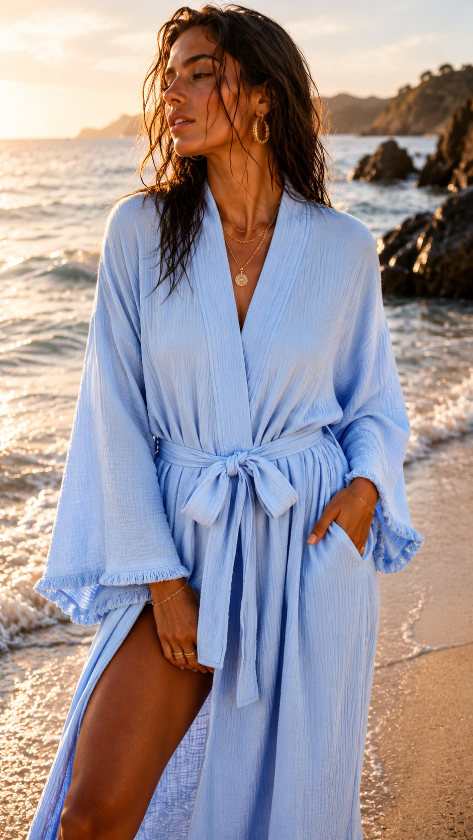 Cotton Muslin Robe, Lightweight Kimono Lounge Robe for Women