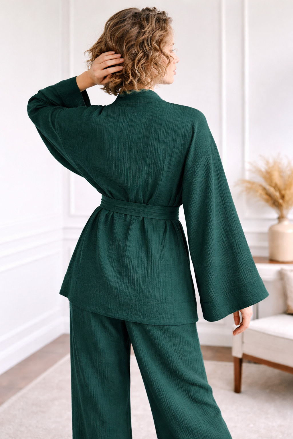 Breathable Muslin Set for Women, Versatile Everyday Wear , Deep Green