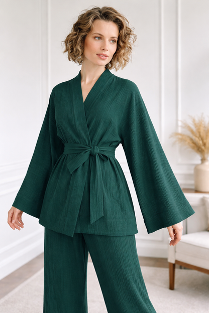 Breathable Muslin Set for Women, Versatile Everyday Wear , Deep Green