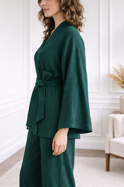 Breathable Muslin Set for Women, Versatile Everyday Wear , Deep Green