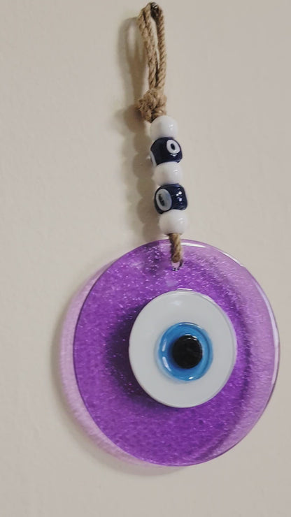 Large Purple Glass Evil Eye Wall Hanging Handmade Nazar Home Decor