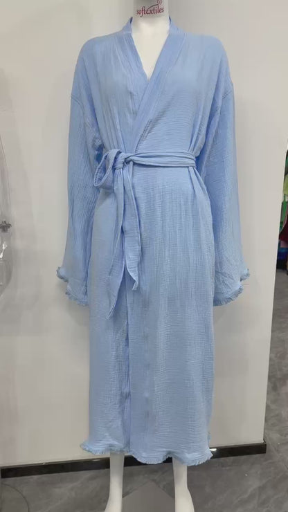 Cotton Muslin Robe, Lightweight Kimono Lounge Robe for Women
