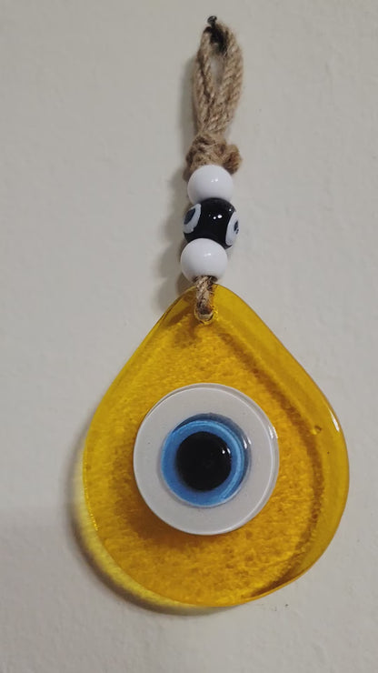 Teardrop Evil Eye Wall Hanging Glass Mediterranean Decor Translucent Yellow