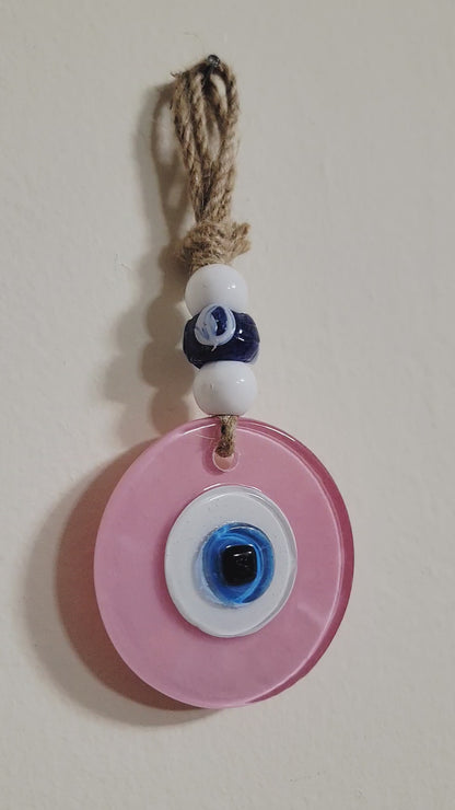 Evil Eye Wall Hanging, Handmade Glass Home Decor, Matte Pink Fusion 7 Inch