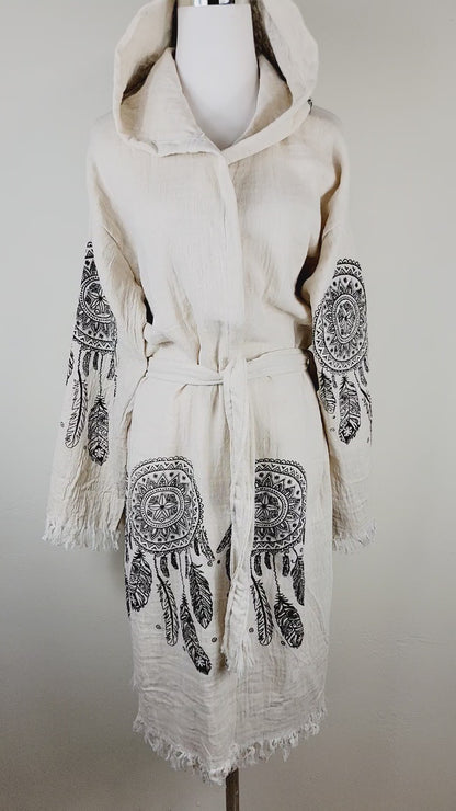 Muslin Kimono Robe, Soft and Cozy, Organic Cotton Muslin Kaftan, Evil Eye Motif