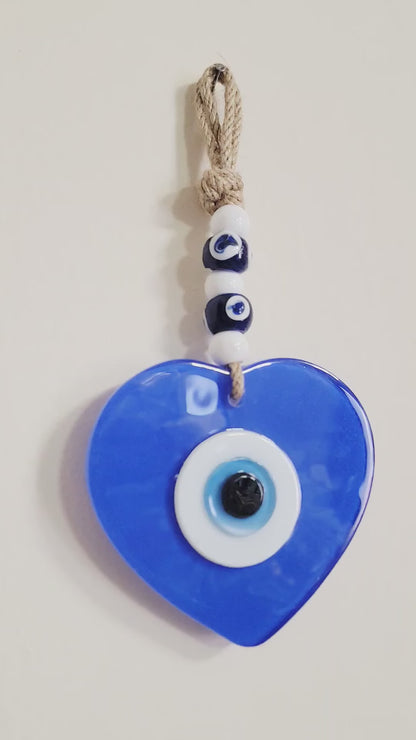 Handmade Glass Evil Eye Wall Hanging Blue Heart Nazar Decor