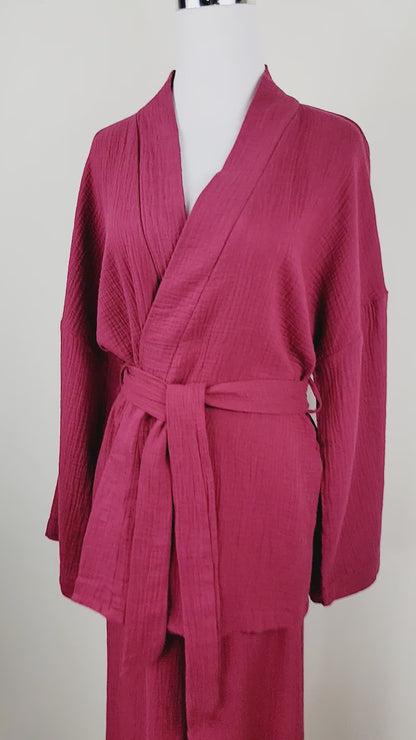 Breathable Muslin Set for Women, Versatile Everyday Wear , Cherry