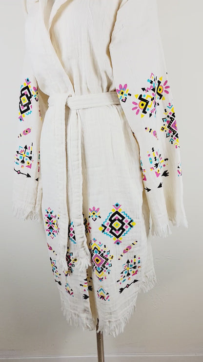 Soft and Cozy Muslin Kimono Robe, Organic Cotton Muslin Kaftan Kilim Design