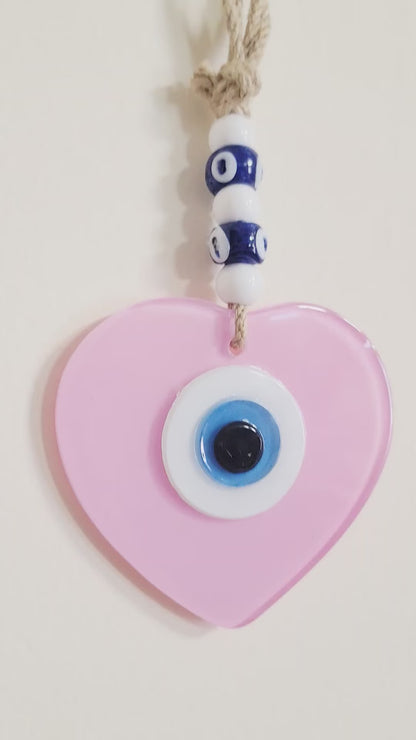 Handmade Glass Evil Eye Wall Hanging Pink Heart Nazar Decor