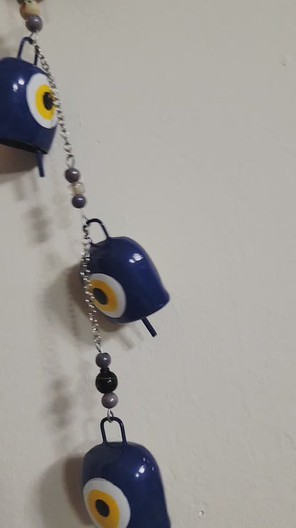 Hand Painted Evil Eye Bell Wind Chime with 4 Bells and Beads Boho Decor