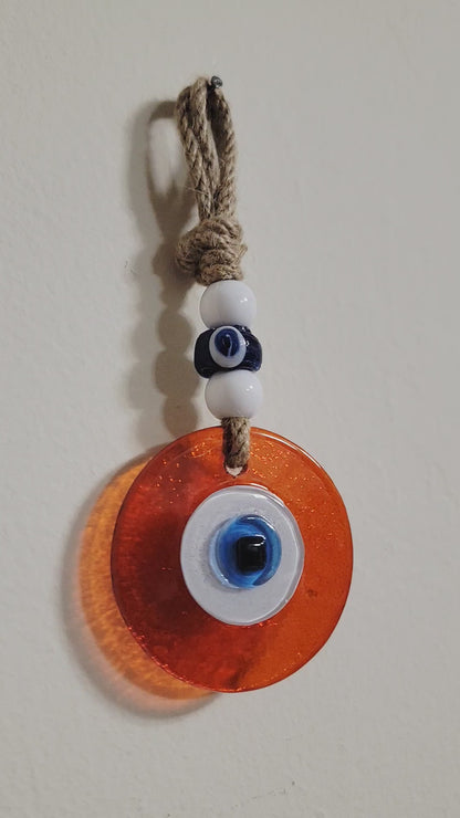 Evil Eye Wall Hanging, Handmade Glass Home Decor, Clear Orange Fusion 7 Inch
