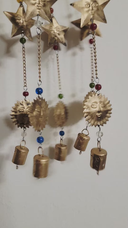 Sun and Star Wind Chime with Bells and Beads Boho Garden Decor