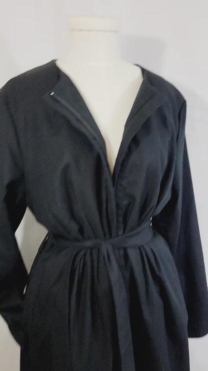 Women’s Collarless Belted Long Jacket with Pockets