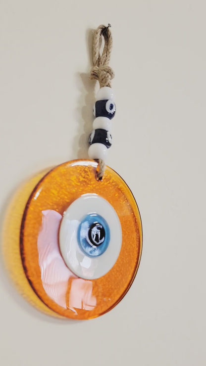 Large Orange Glass Evil Eye Wall Hanging Handmade Nazar Home Decor