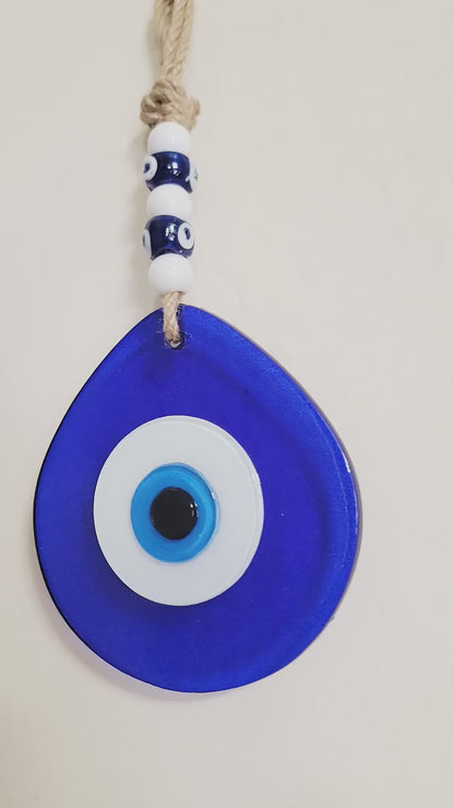 Jumbo Blue Glass Evil Eye Wall Hanging with Beads 10 Inch