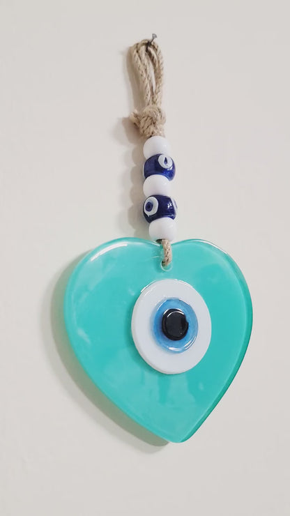 Handmade Glass Evil Eye Wall Hanging Blue Heart Nazar Decor