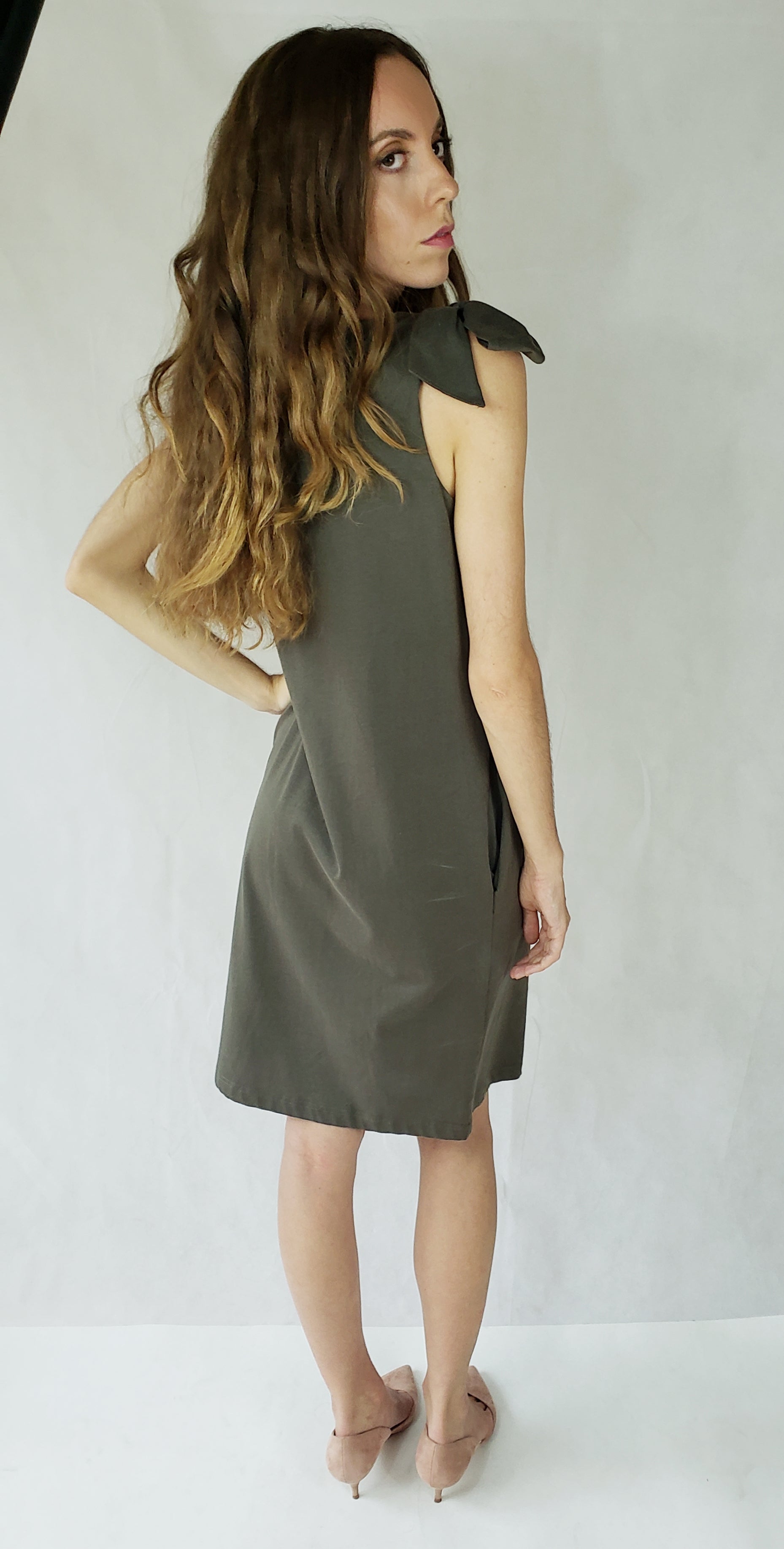 GREEN BLACK JERSEY DRESS WITH TIE SHOULDER - EEBRU