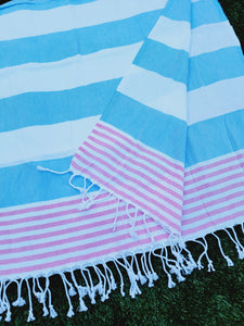 Toalla Turca de Playa/Baño Fácil de Llevar Secado Rápido - Azul Rosa