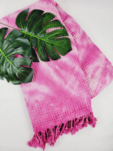 Waffle Throw Blanket, Multi functional Turkish Towel, Hand Tie dye Pink