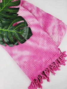 Waffle Throw Blanket, Multi functional Turkish Towel, Hand Tie dye Pink