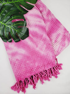 Waffle Throw Blanket, Multi functional Turkish Towel, Hand Tie dye Pink